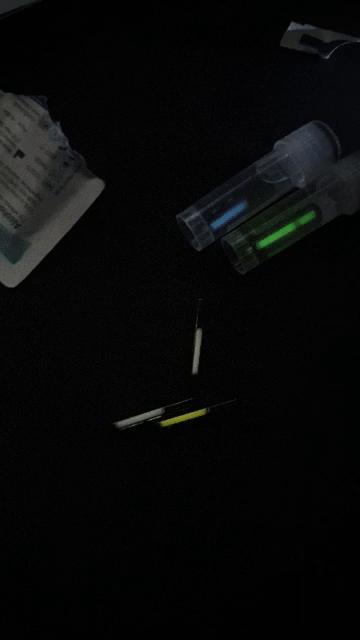 Showcasing ready-to-implant colorful tritium implants, similar to Dangerous Things xGlo and Firefly V1/V2 by Alex Smith, DIY biohacking .